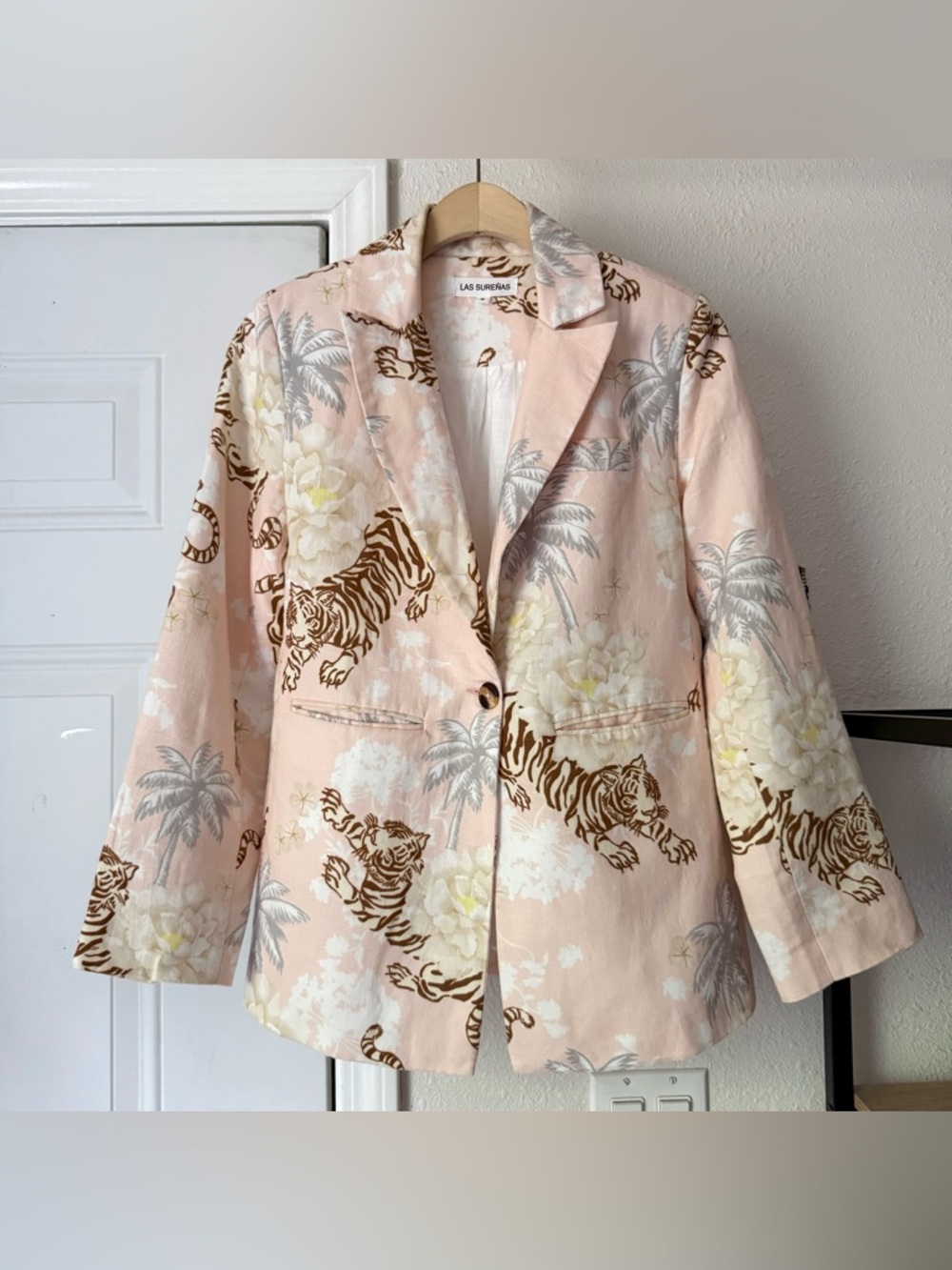 LAS SURENAS pink tiger tropical floral linen cotton one button up blazer‎ jacket